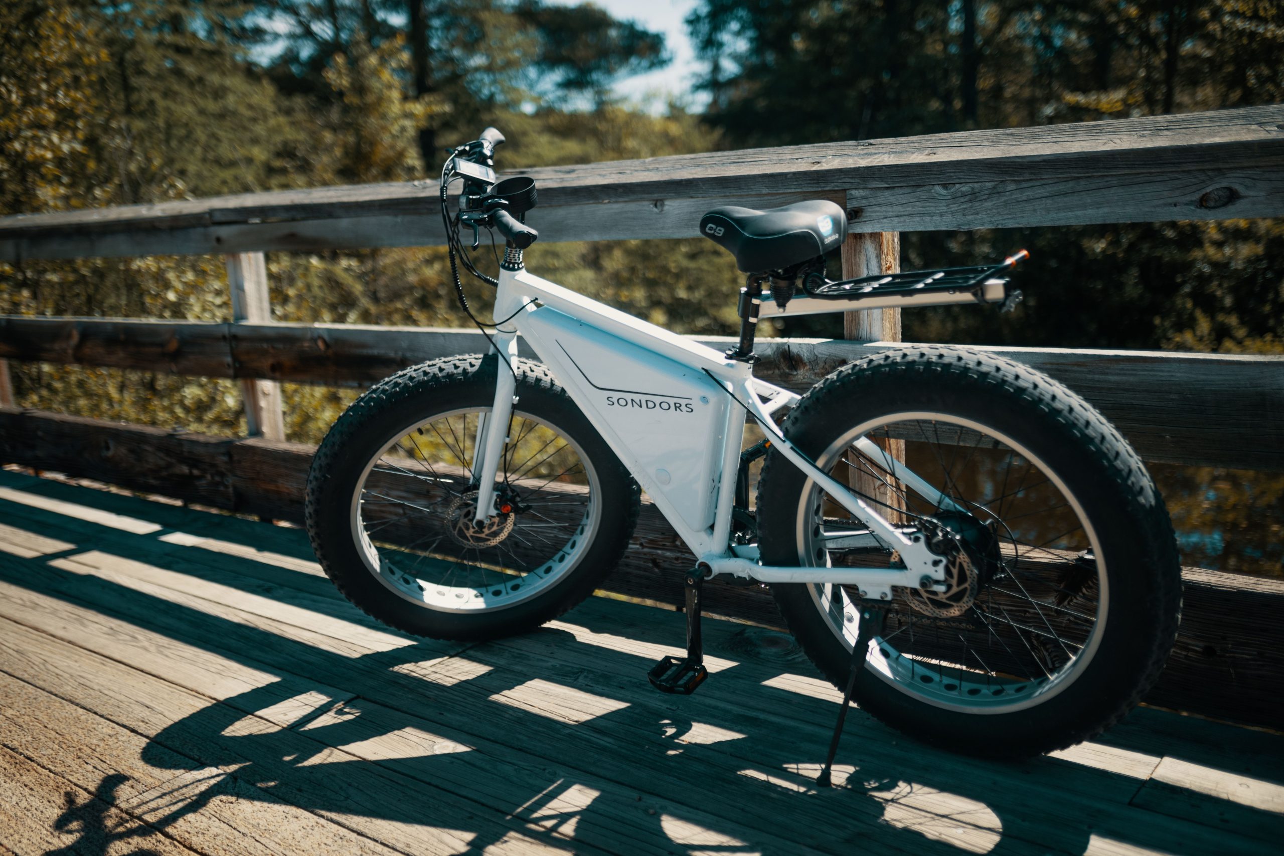 VTT électrique moderne garé sur pont en bois nature
